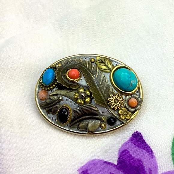 Michel Golan unique turquoise Onyx and Coral brooch - Picture 2 of 6